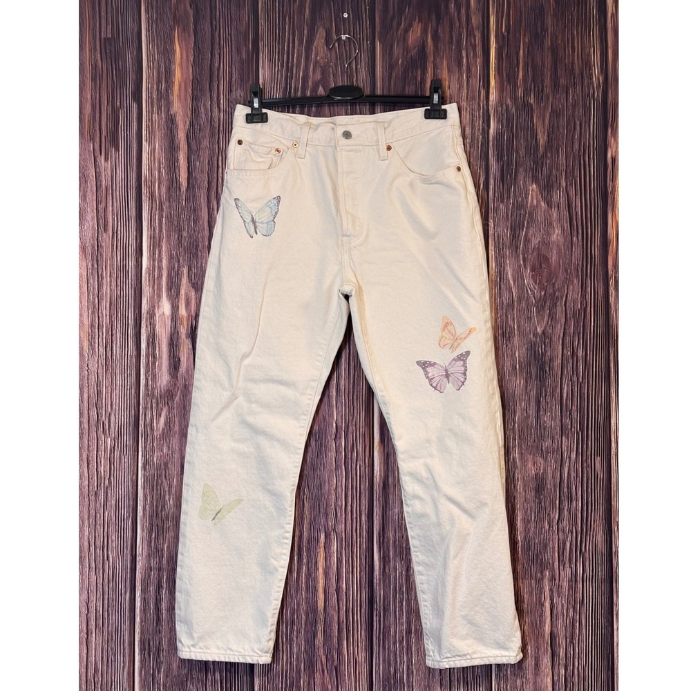 Levis 501 Jeans Womens W30 L28 Off White Cream Butterfly Print Button Fly - Picture 2 of 16